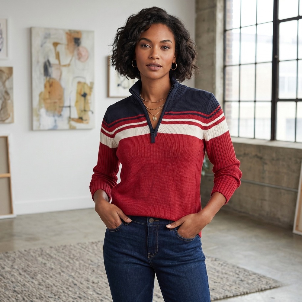 St. John's Bay Sweater Women Small Red Striped Quarter Zip Ribbed Knit Pullover